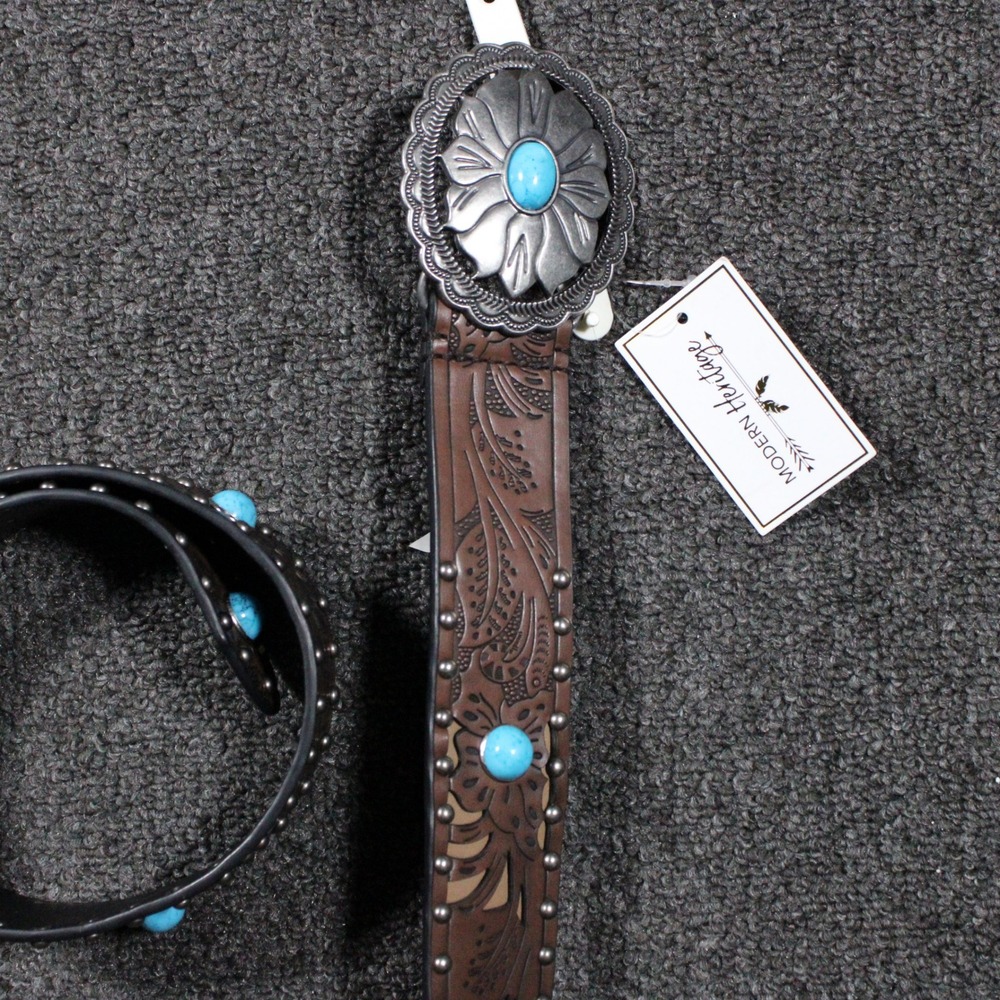 Modern Heritage Western Belt Womens L/XL Brown Turquoise Tooled Studded NEW Wide